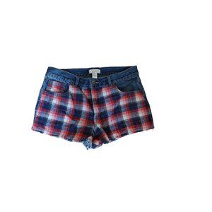 Forever 21 Plaid Denim Shorts L Red/Blue Checkered Pattern Womens Summer Style